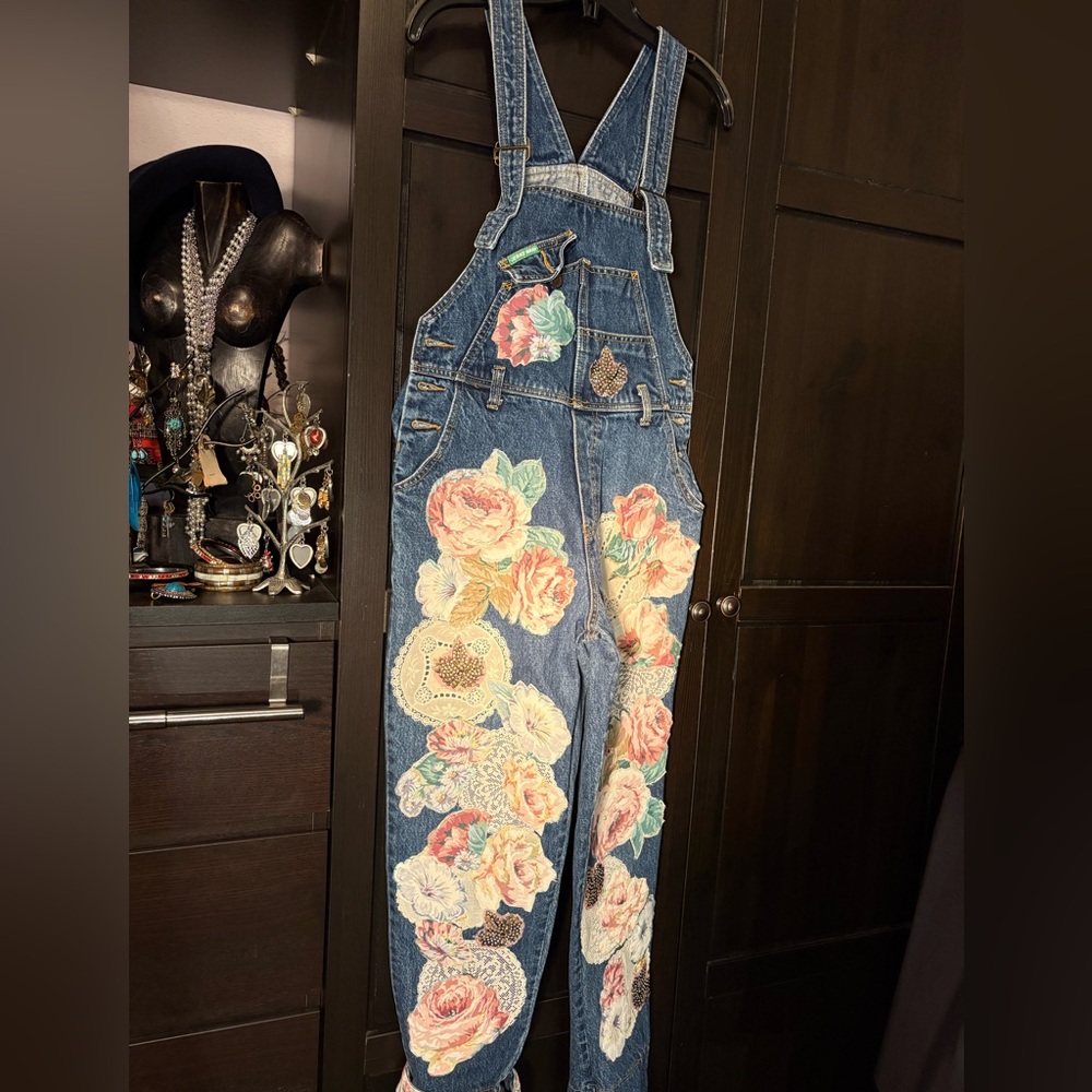 Up cycled floral and lace overalls